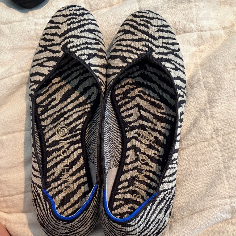 Rothy's Zebra Knit Ballet Flats - Black & Cream with Blue Trim